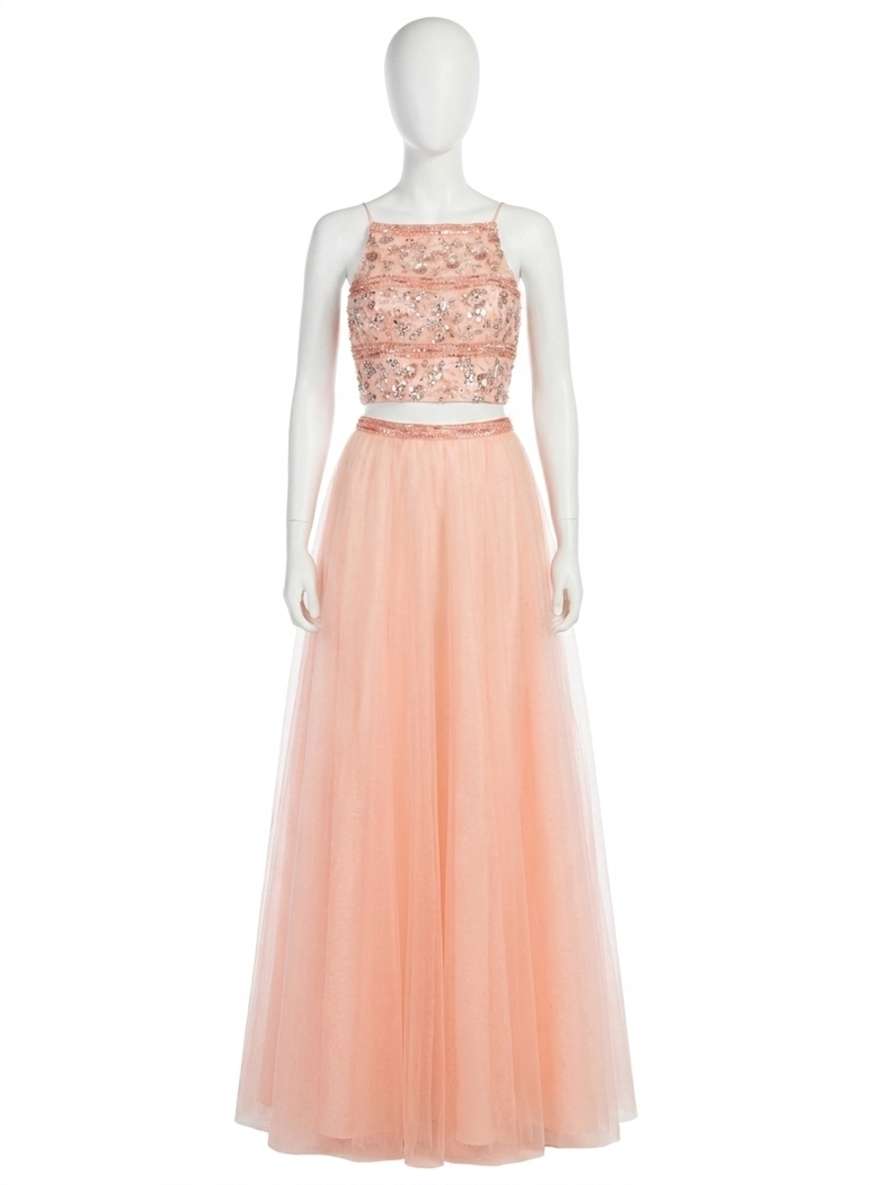 NEW RACHEL ALLAN embellished two-piece tulle prom dress in blush